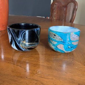 2 Phoenician Malta hand blown glass bowls, candle holder, blue, black, signed